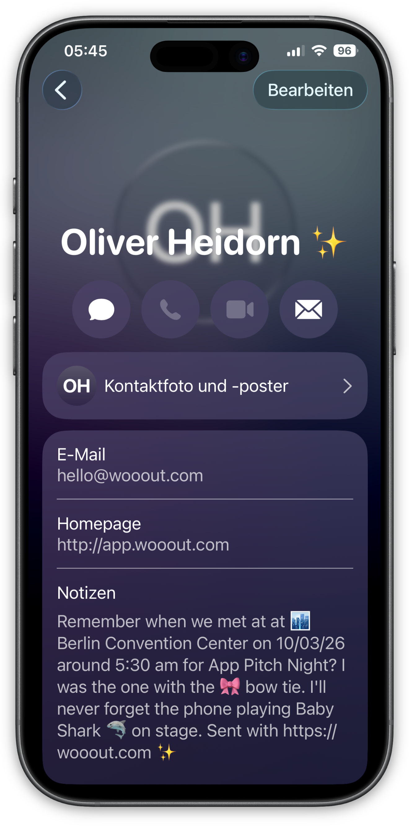 Wooout screen with saved contact and story details